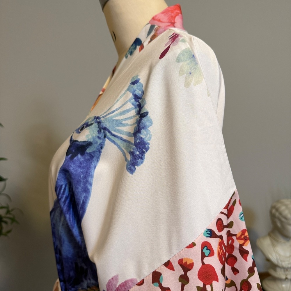 Peacock Floral Satin Kimono Robe One Size Belted Long Duster Cover Up Loungewear - Picture 6 of 15
